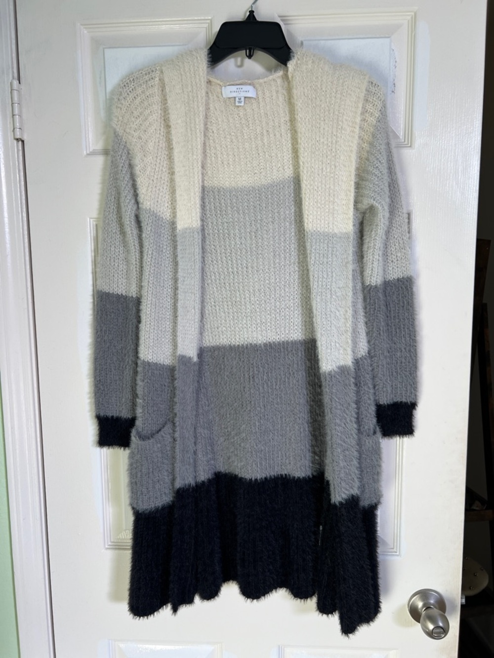 Cream, Gray and Black Long Open-Front Colorblock Hooded Cardigan